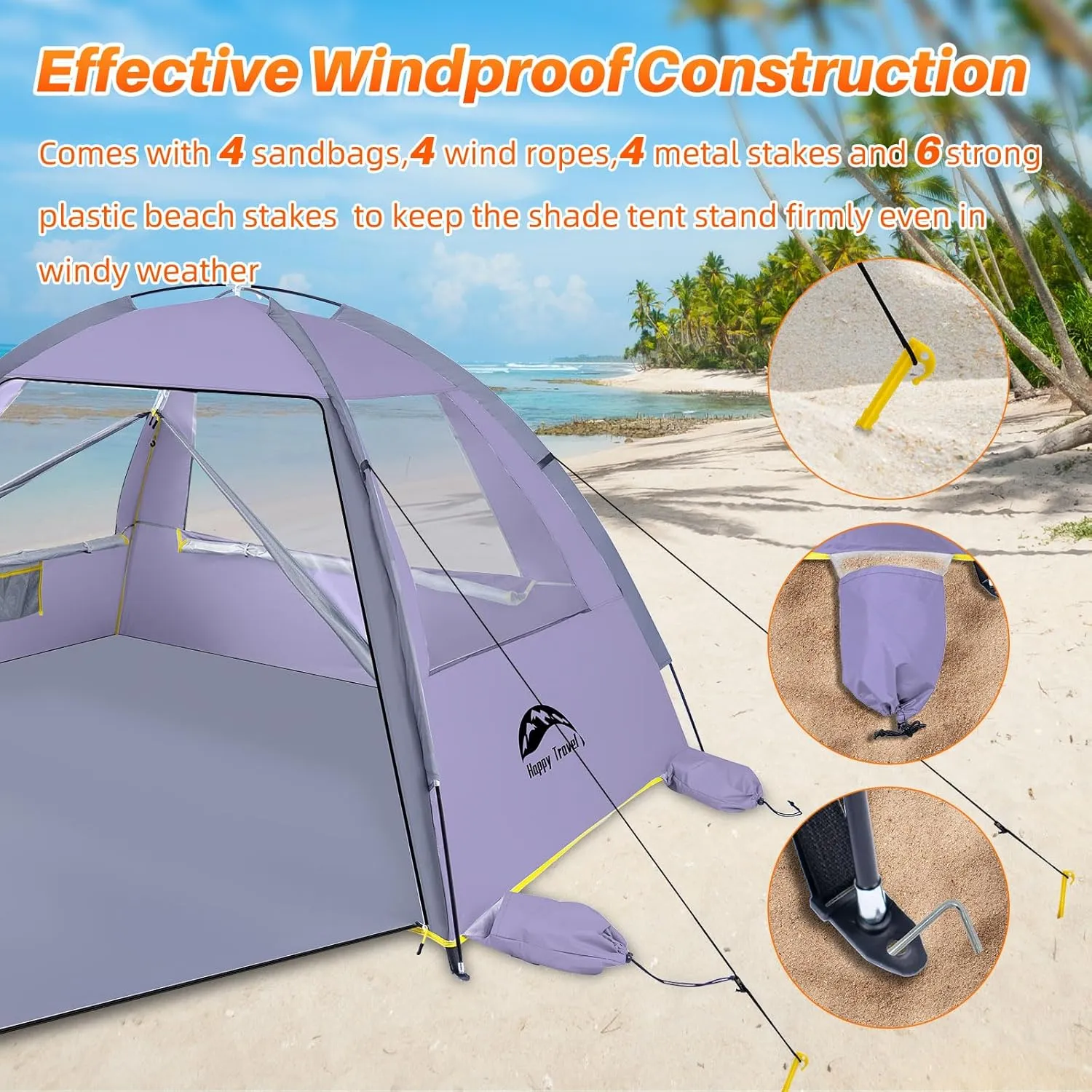 Happy Travel Beach Tent, UPF 50  UV Protection Sun Shade Shelter for 3/4/5/6/7/8 Person, Portable Beach Canopy for Family & Baby, Lightweight & Easy Setup Beach Cabana with 3 Ventilation Mesh Windows