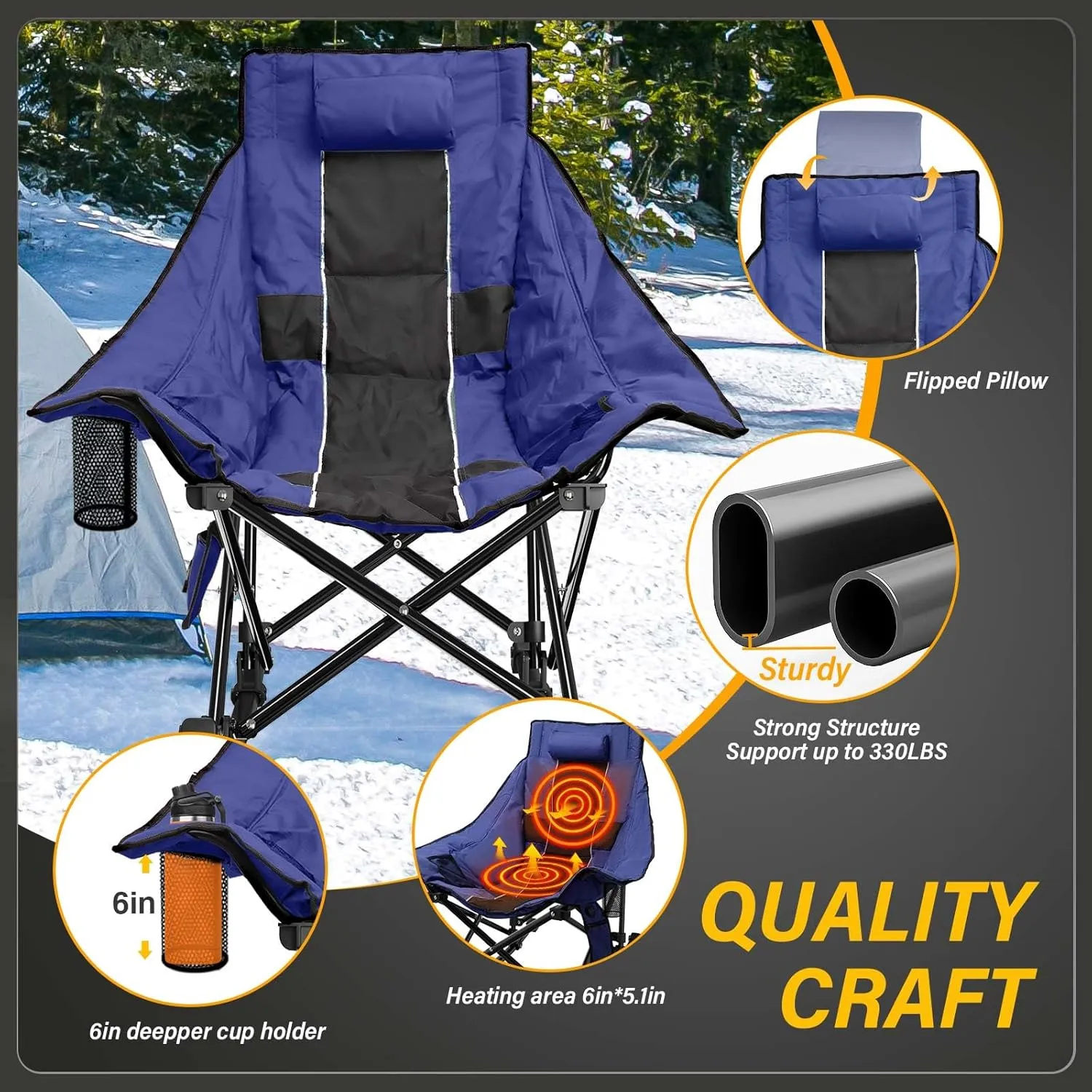 Heated Camping Chair Oversize, XL Heated Rocking Chair with 3 Levels for Back and Seat, Portable Outdoor Heated Folding Chair, Heavy Lawn Chair for Camping