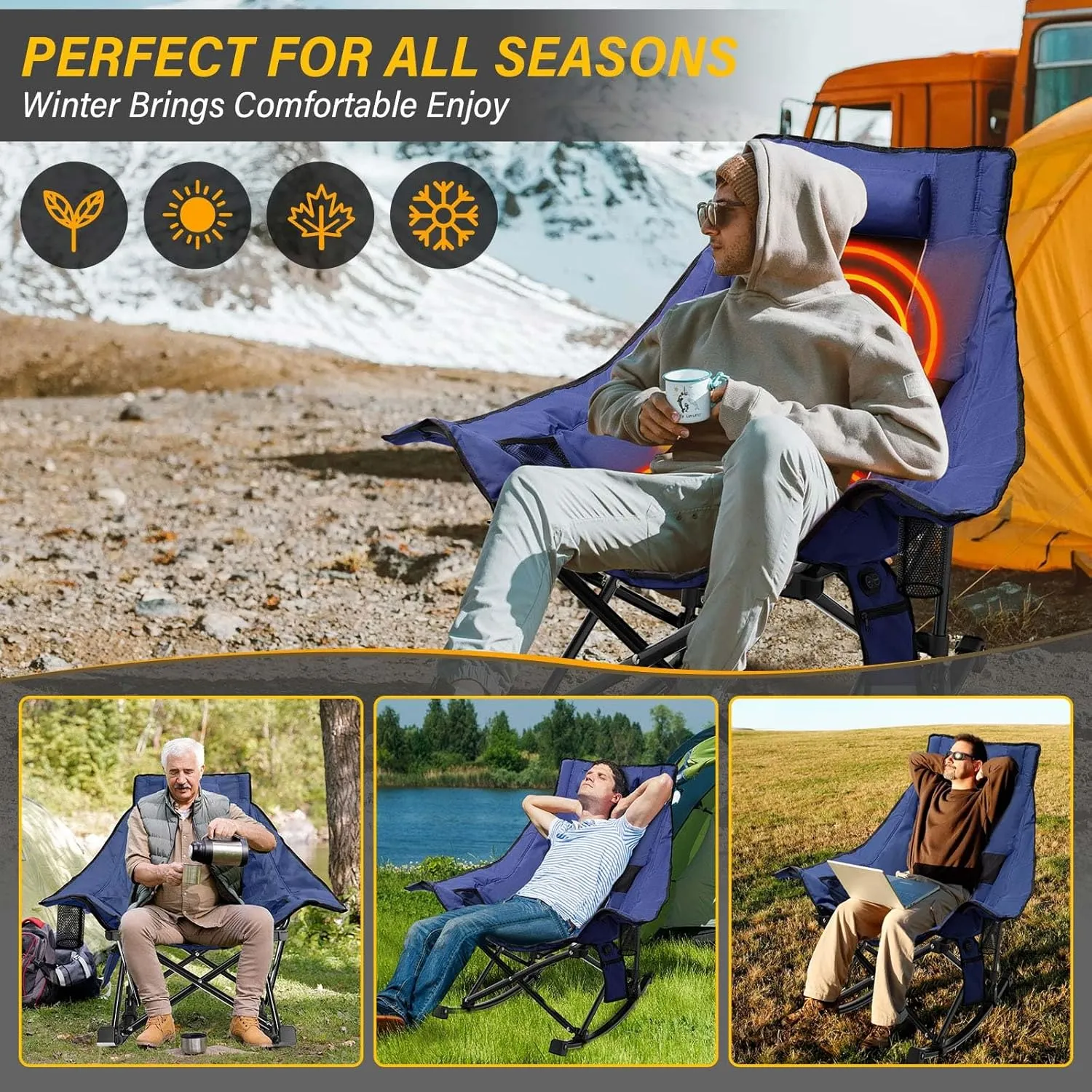 Heated Camping Chair Oversize, XL Heated Rocking Chair with 3 Levels for Back and Seat, Portable Outdoor Heated Folding Chair, Heavy Lawn Chair for Camping