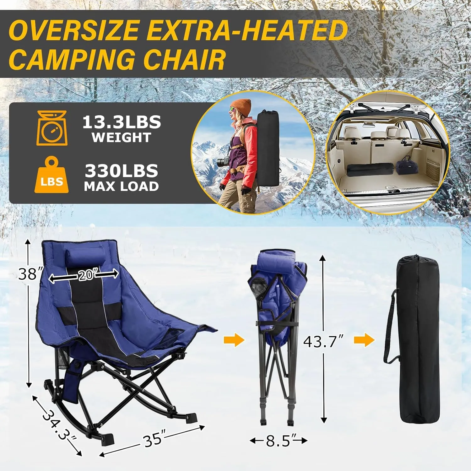 Heated Camping Chair Oversize, XL Heated Rocking Chair with 3 Levels for Back and Seat, Portable Outdoor Heated Folding Chair, Heavy Lawn Chair for Camping