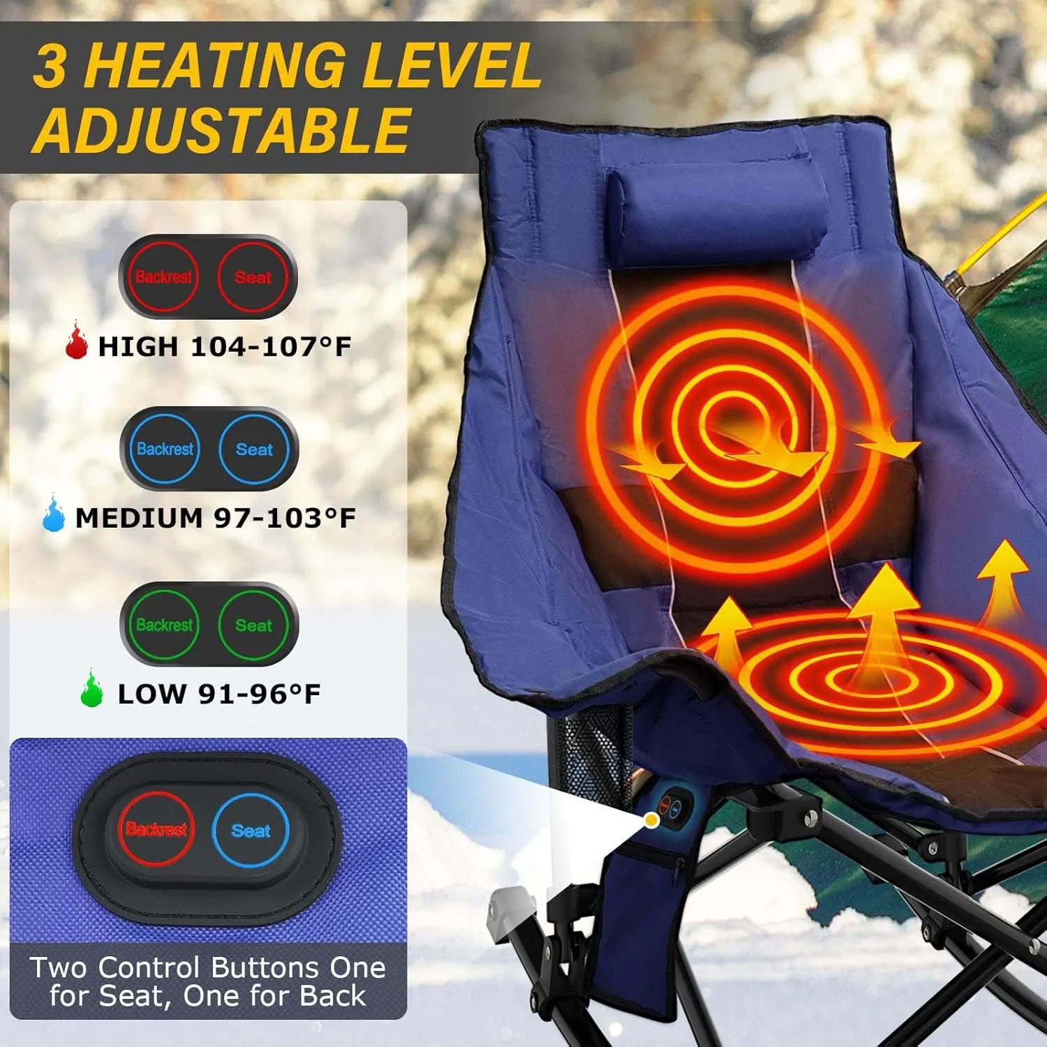 Heated Camping Chair Oversize, XL Heated Rocking Chair with 3 Levels for Back and Seat, Portable Outdoor Heated Folding Chair, Heavy Lawn Chair for Camping