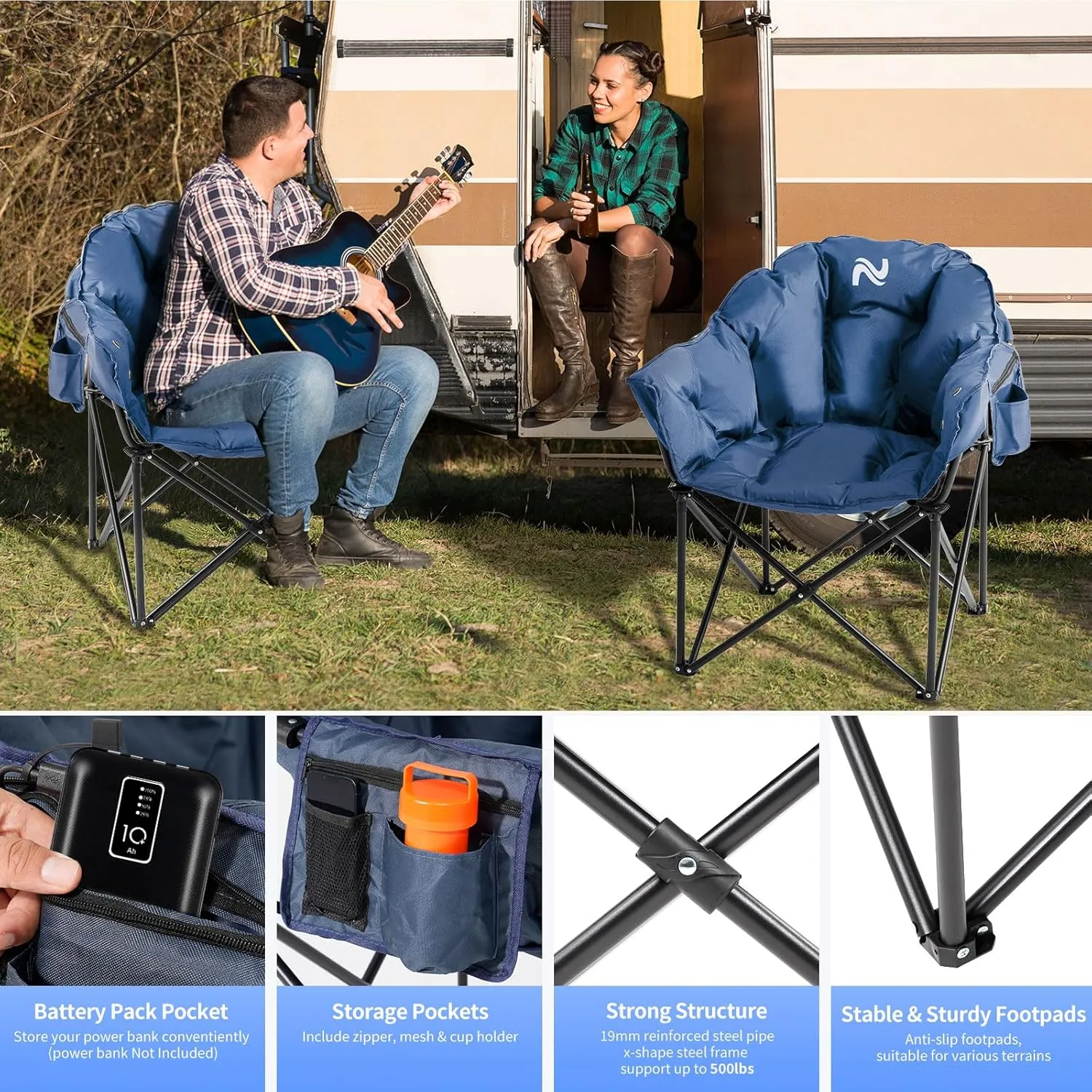 Heated Camping Chair, Padded Camp Chair Round Moon Saucer Folding Lawn Chair Outdoor Chair, Oversized Patio Lounge Chairs Portable Folding Camping Chairs Heated Chair, Ashy Blue