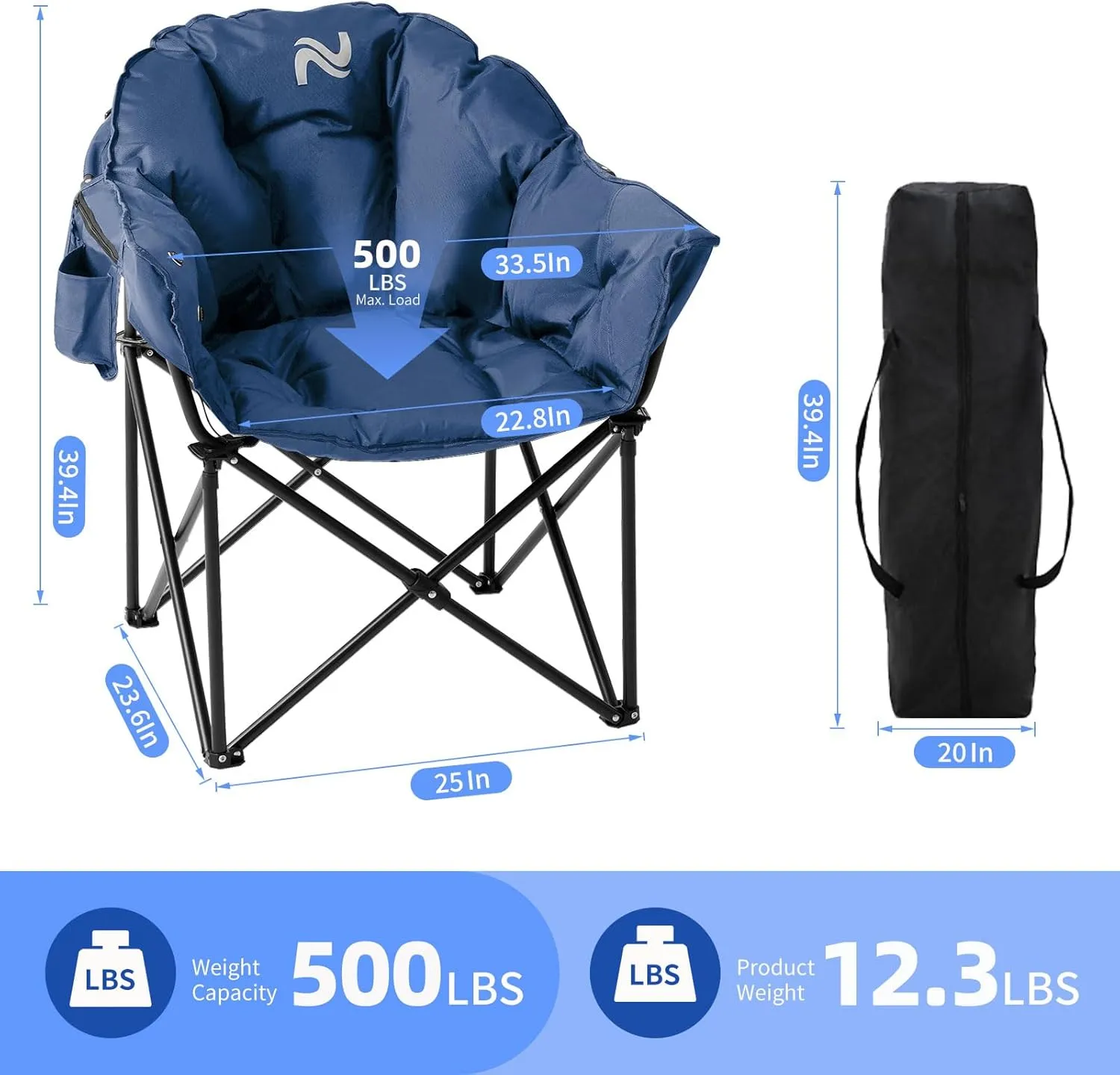Heated Camping Chair, Padded Camp Chair Round Moon Saucer Folding Lawn Chair Outdoor Chair, Oversized Patio Lounge Chairs Portable Folding Camping Chairs Heated Chair, Ashy Blue