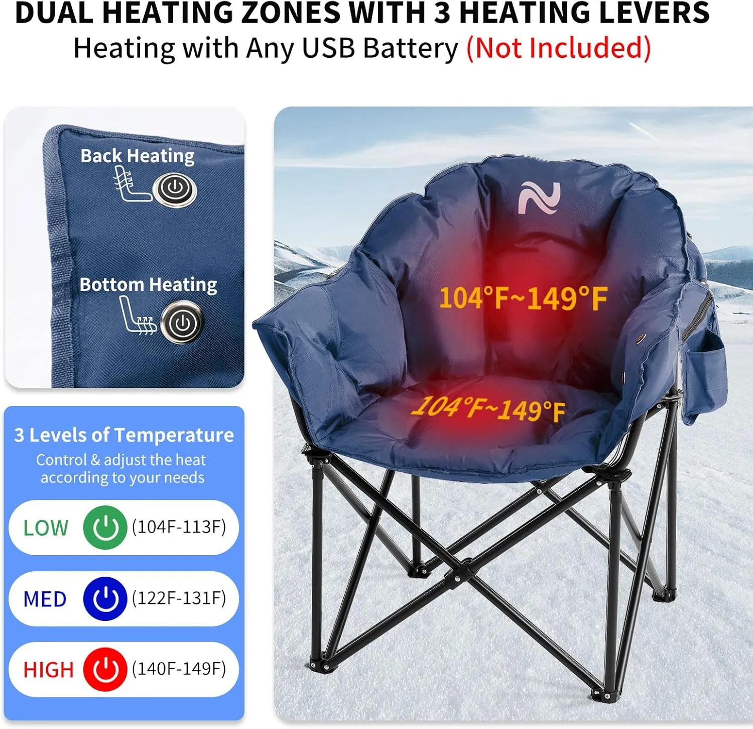 Heated Camping Chair, Padded Camp Chair Round Moon Saucer Folding Lawn Chair Outdoor Chair, Oversized Patio Lounge Chairs Portable Folding Camping Chairs Heated Chair, Ashy Blue