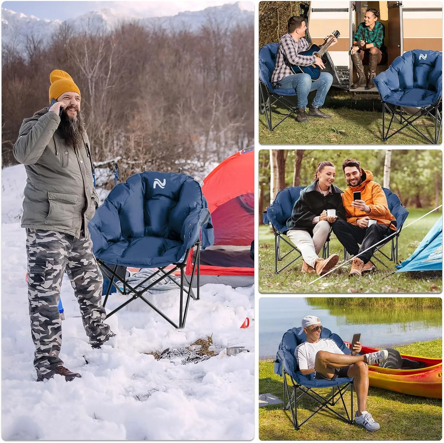 Heated Camping Chair, Padded Camp Chair Round Moon Saucer Folding Lawn Chair Outdoor Chair, Oversized Patio Lounge Chairs Portable Folding Camping Chairs Heated Chair, Ashy Blue