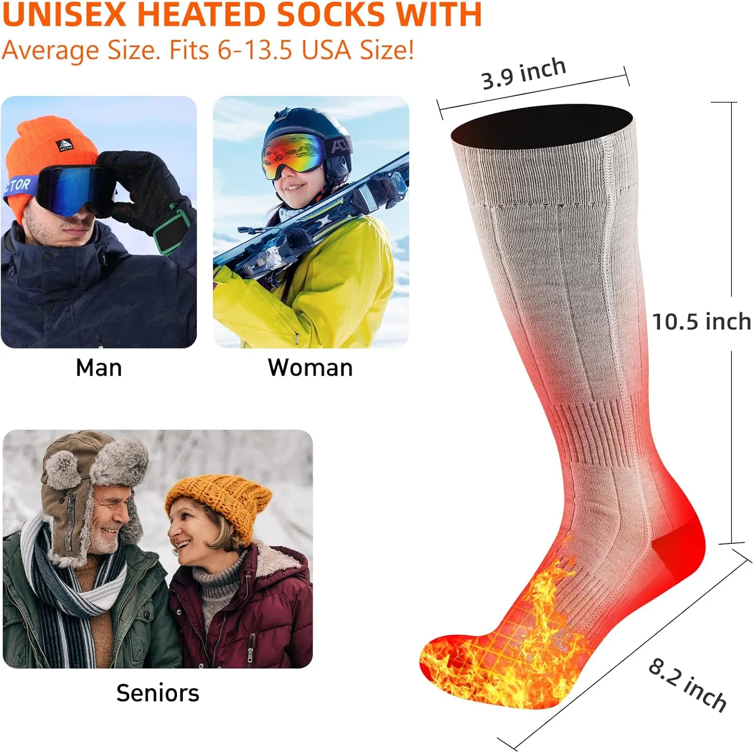 Heated Socks for Men Women, 5000mAh Upgraded Battery Heating Socks Rechargeable Washable, Electric Socks Foot Warmer for Hunting Camping Skiing Sports Outdoor Work