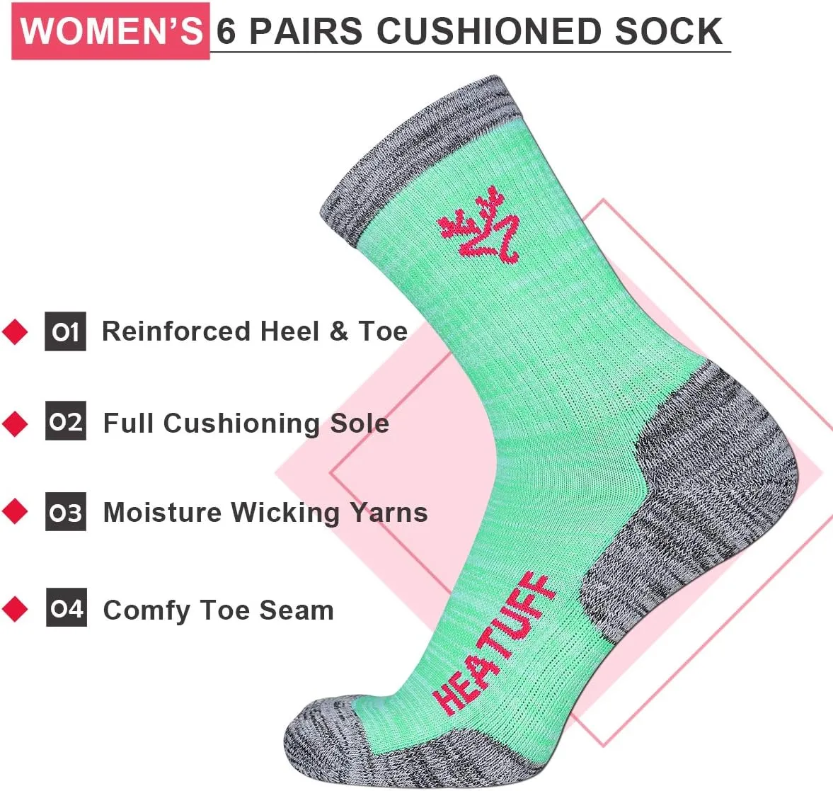 Heatuff Womens 6 Pack Hiking Crew Socks Performance Athletic Cushion Outdoor Trekking Sock