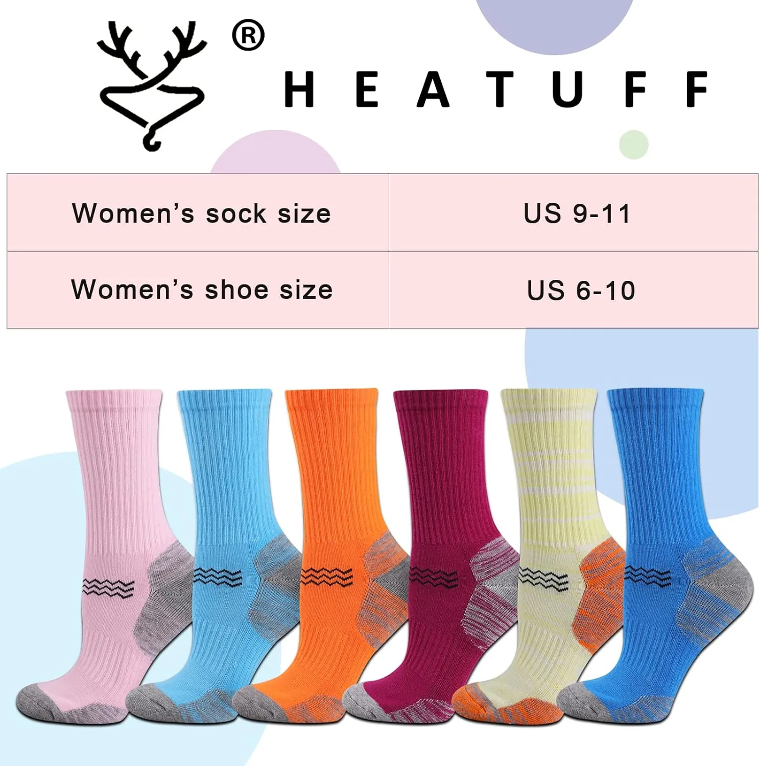 Heatuff Womens 6 Pack Hiking Crew Socks Performance Athletic Cushion Outdoor Trekking Sock
