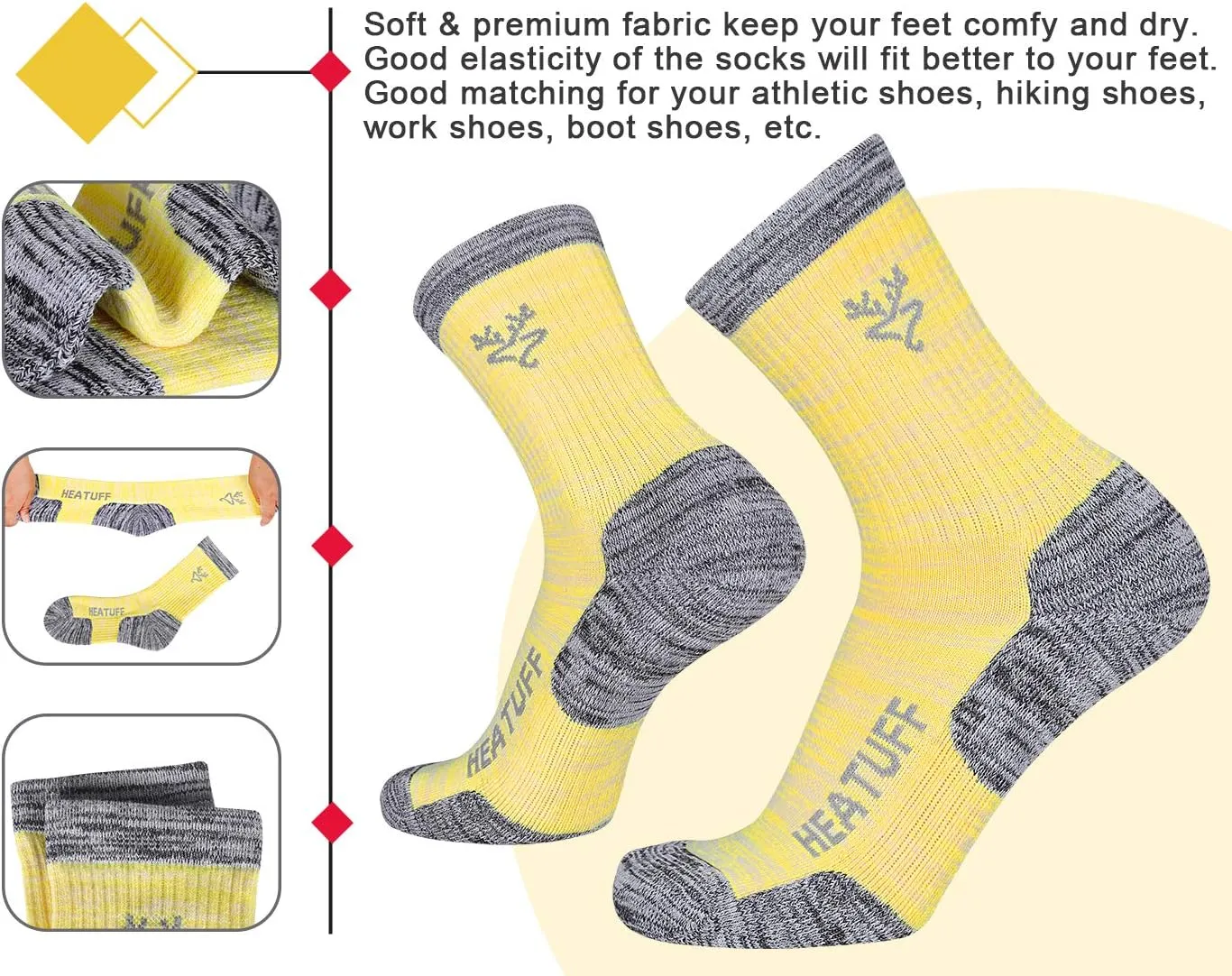 Heatuff Womens 6 Pack Hiking Crew Socks Performance Athletic Cushion Outdoor Trekking Sock