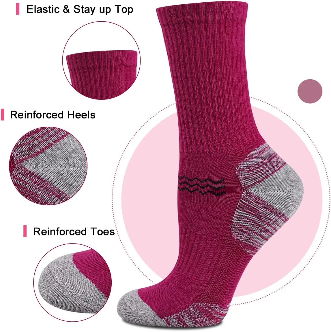 Heatuff Womens 6 Pack Hiking Crew Socks Performance Athletic Cushion Outdoor Trekking Sock