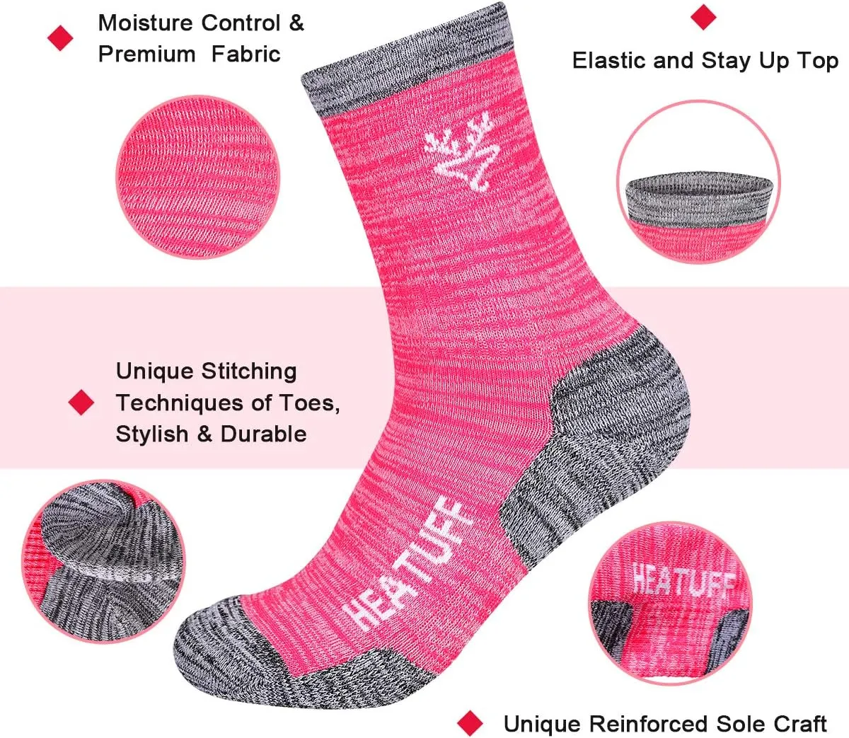 Heatuff Womens 6 Pack Hiking Crew Socks Performance Athletic Cushion Outdoor Trekking Sock
