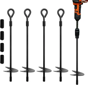 Heavy Duty Galvanized Trampoline Anchors Kit - 4 Pack Screw-in Ground Stakes, No Drill Needed, Rust-Proof for Outdoor Safety (Lawn, Grass, Dirt)