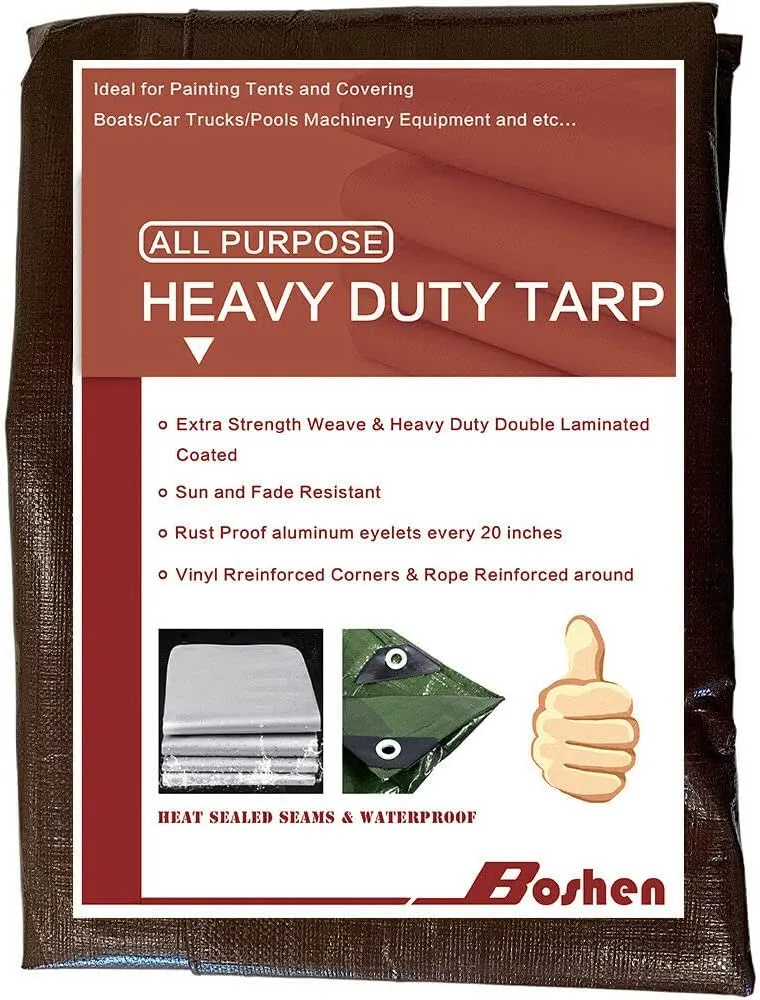 Heavy Duty Thick Waterproof Tarp Poly Canopy Tent Shelter Cover, 16 Mil Tarpaulin Shade, Rip and Tear Proof, UV Resistant Tarpaulin with Grommets and Reinforced Edges (12' x 16') 04ODC0044 Brown