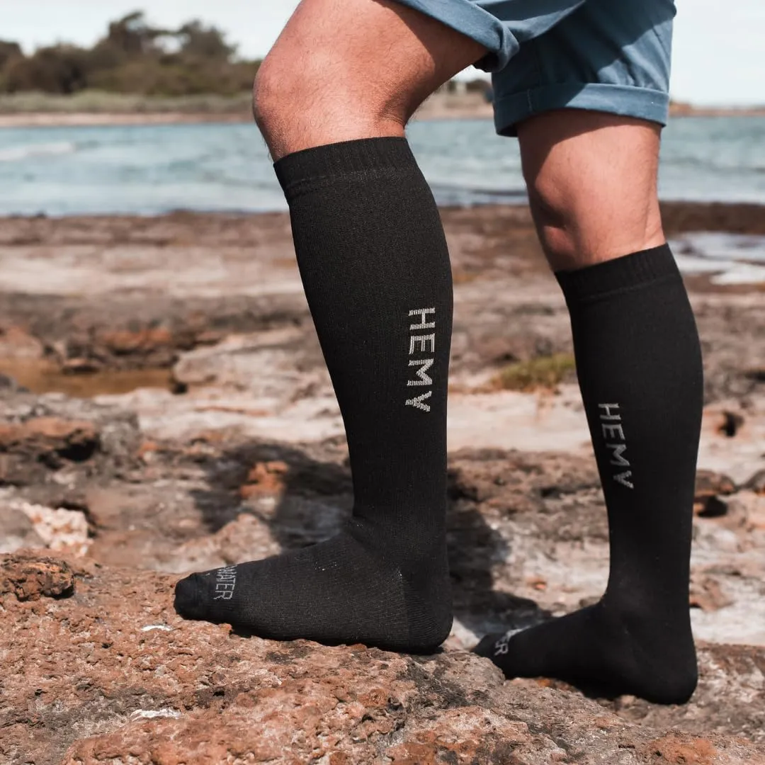 Hemy Waterproof Socks for Men & Women - Breathable, Organic Cotton - Ideal for Hiking and Walking Knee high Socks - Black