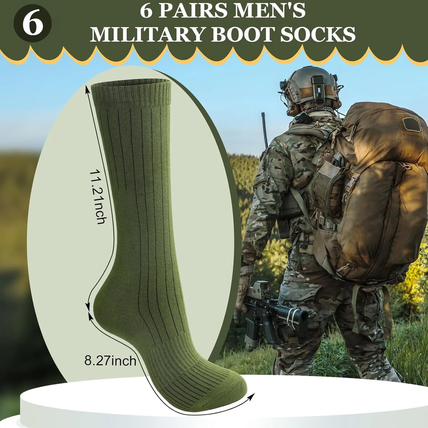 Hercicy 6 Pairs Men's Army Socks Military Boot Socks Cotton Crew Dress Stocking Men Plain Casual Season Grade Regular Fit