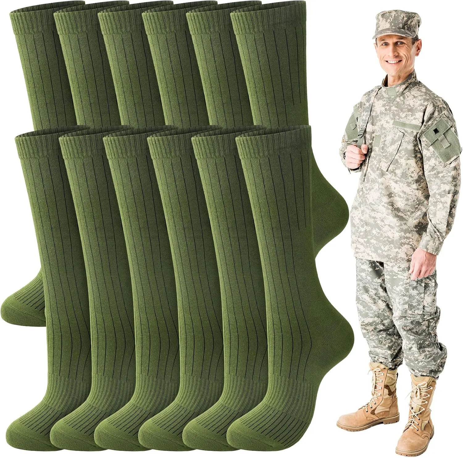 Hercicy 6 Pairs Men's Army Socks Military Boot Socks Cotton Crew Dress Stocking Men Plain Casual Season Grade Regular Fit