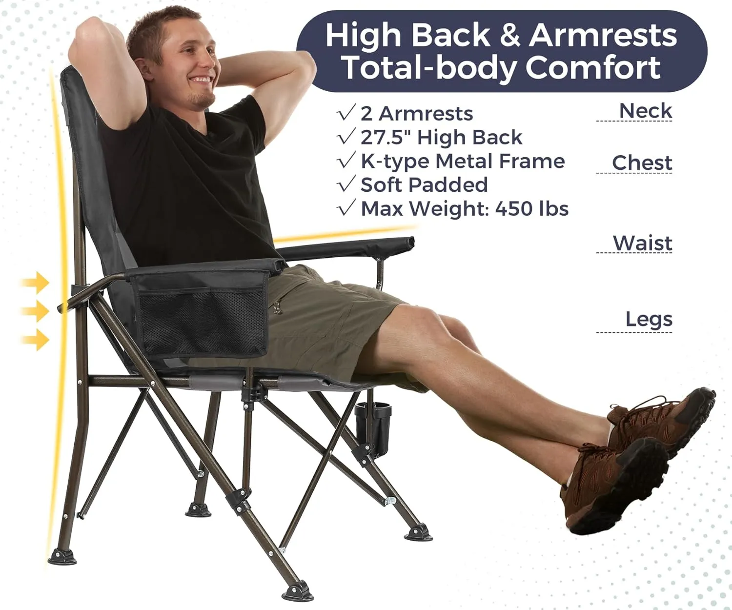 High Back Camping Chair for Adults - Comfortable Oversized, Heavy Duty & 450lbs Capacity K-Frame, Padded Seat & Armrests for Long Sitting Fishing Lawn Backyard Outside, Cup Holder (Black)