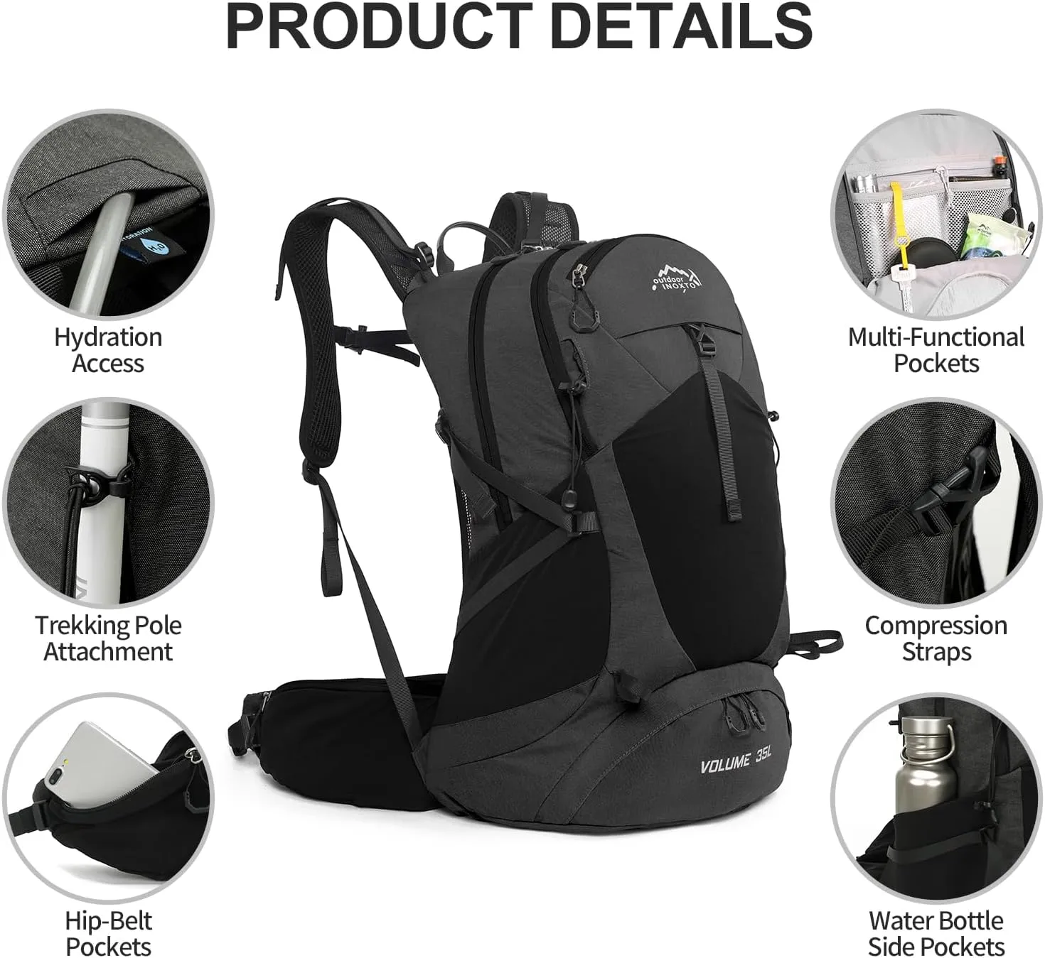 Hiking Backpack,35L Waterproof Hiking Daypack with 3L Water Bladder and Rain Cover, Lightweight Travel Camping Backpack for Men Women (Black Without 3L Bladder)