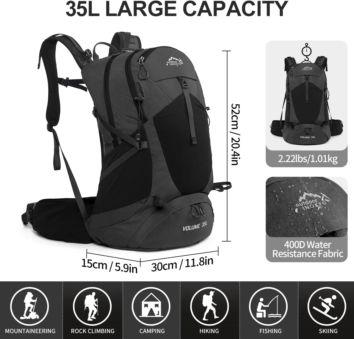 Hiking Backpack,35L Waterproof Hiking Daypack with 3L Water Bladder and Rain Cover, Lightweight Travel Camping Backpack for Men Women (Black Without 3L Bladder)