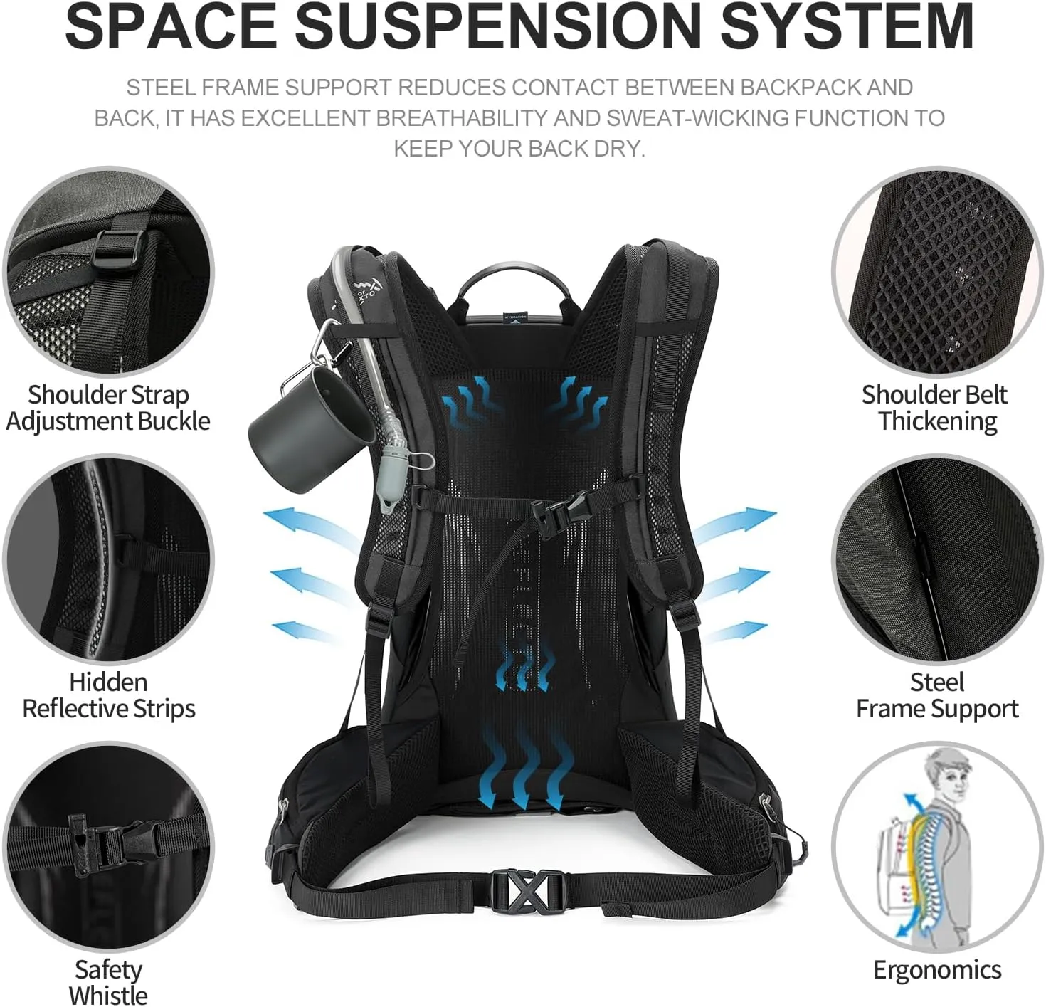 Hiking Backpack,35L Waterproof Hiking Daypack with 3L Water Bladder and Rain Cover, Lightweight Travel Camping Backpack for Men Women (Black Without 3L Bladder)