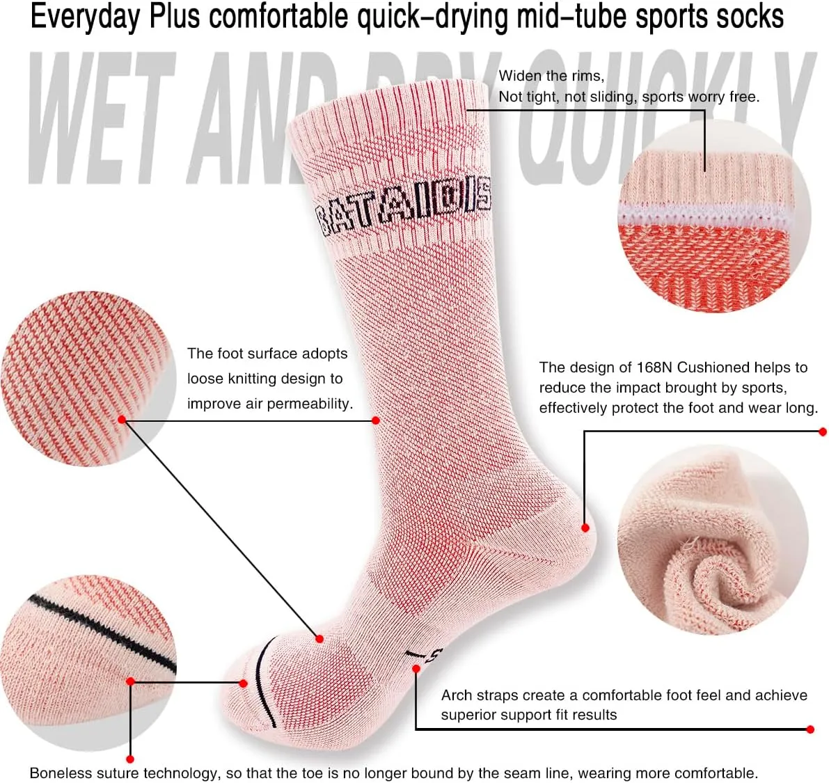 Hiking Crew Socks Running Athletic Thick Cushion Compression Moisture Wicking Walking Socks 3 Pairs