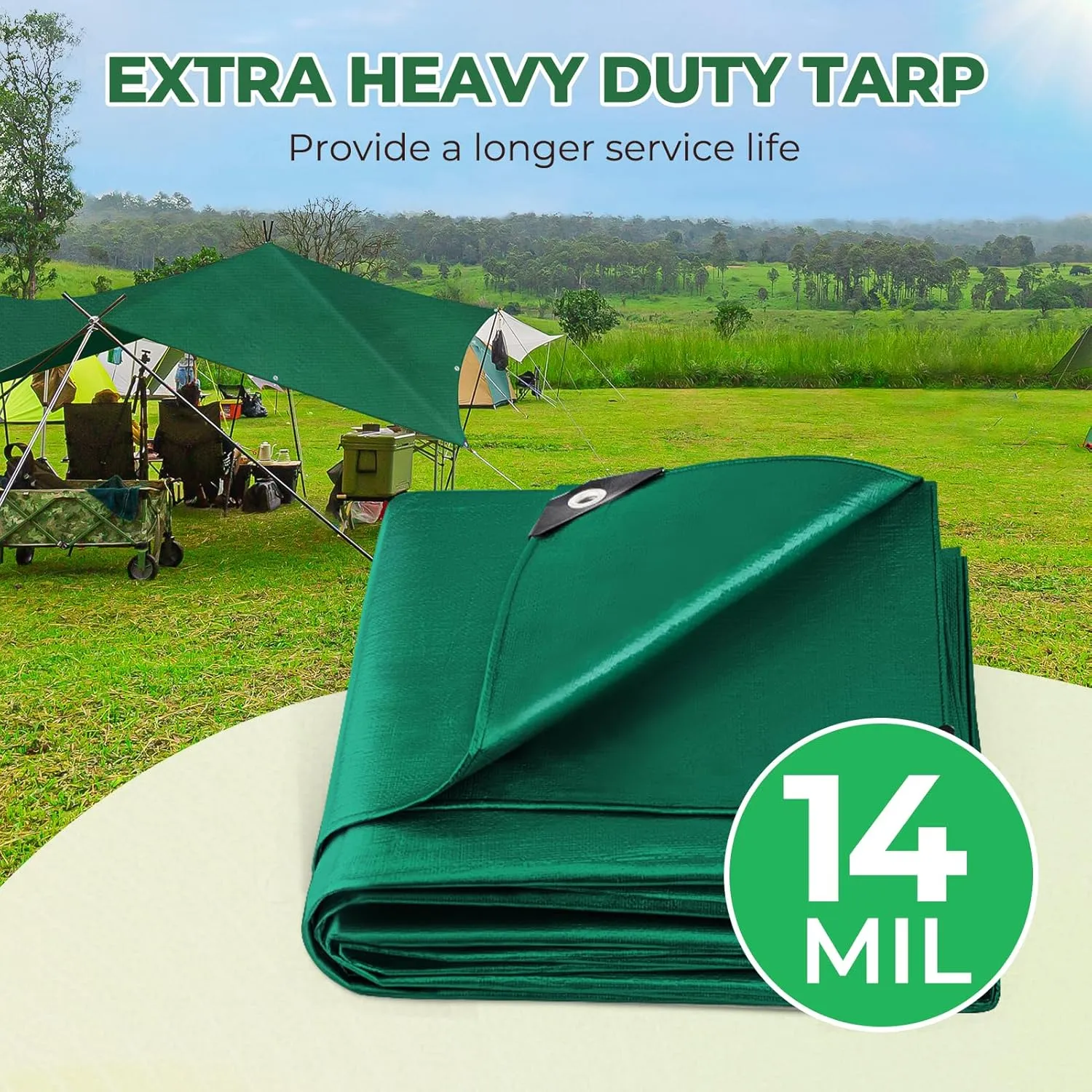 HIRALIY 14 Mil Tarp Waterproof 12x16 Feet, Extra Thick Heavy Duty Tarp with Reinforced Grommets for Firewood, Roof, Camping, Patio, Pool, Boat, Dump Trailer