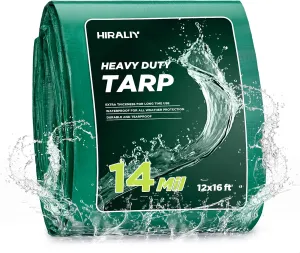 HIRALIY 14 Mil Tarp Waterproof 12x16 Feet, Extra Thick Heavy Duty Tarp with Reinforced Grommets for Firewood, Roof, Camping, Patio, Pool, Boat, Dump Trailer