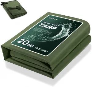 HIRALIY 20 Mil Heavy Duty Waterproof Tarp, 10.5x20ft Green Tarpaulin with Reinforced Webbing Loops, Multipurpose Oxford Canvas Tarp for Firewood, Roof, Camping, Pool