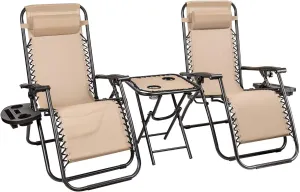 Homall 3 Pcs Zero Gravity Chair Patio Folding Recliner Outdoor Chaise Lounge Chairs Portable Reclining Chair Set with Side Table (Beige)