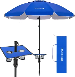 HOMEDEMO 7ft Beach Umbrellas For Sand Heavy Duty Wind, Portable Beach Umbrella UPF 50  Windproof Outdoor Beach Umbrella with Sand Anchor, Tilt Pole, Carry Bag, Table Tray, Vent and Hook