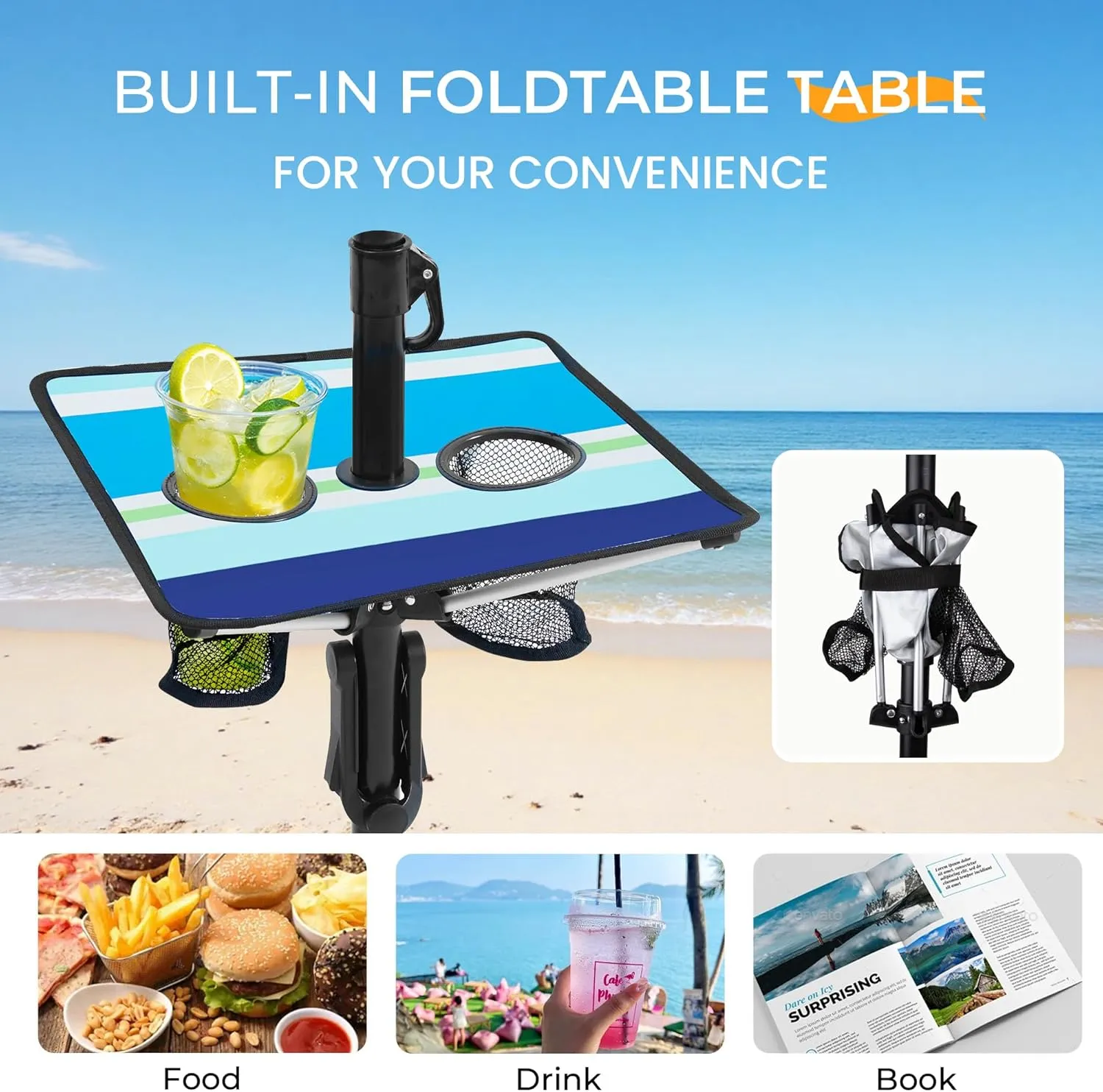 HOMEDEMO Heavy Duty High Wind Beach Umbrella with Sand Anchor,Built-in Table Tray & Tilt Pole&Hook& Curtain, UPF 50  Windproof Portable Beach Umbrella for Patio Garden Pool Backyard