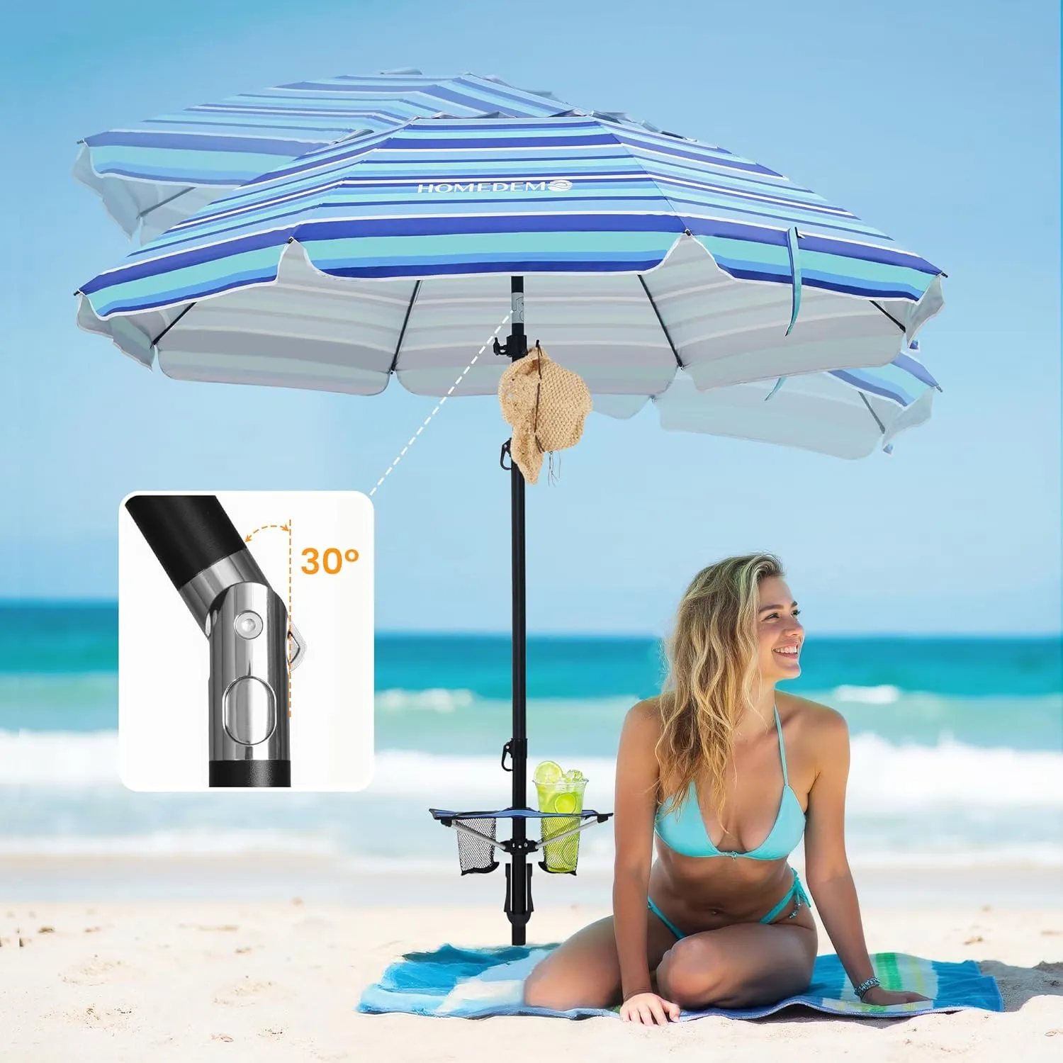 HOMEDEMO Heavy Duty High Wind Beach Umbrella with Sand Anchor,Built-in Table Tray & Tilt Pole&Hook& Curtain, UPF 50  Windproof Portable Beach Umbrella for Patio Garden Pool Backyard