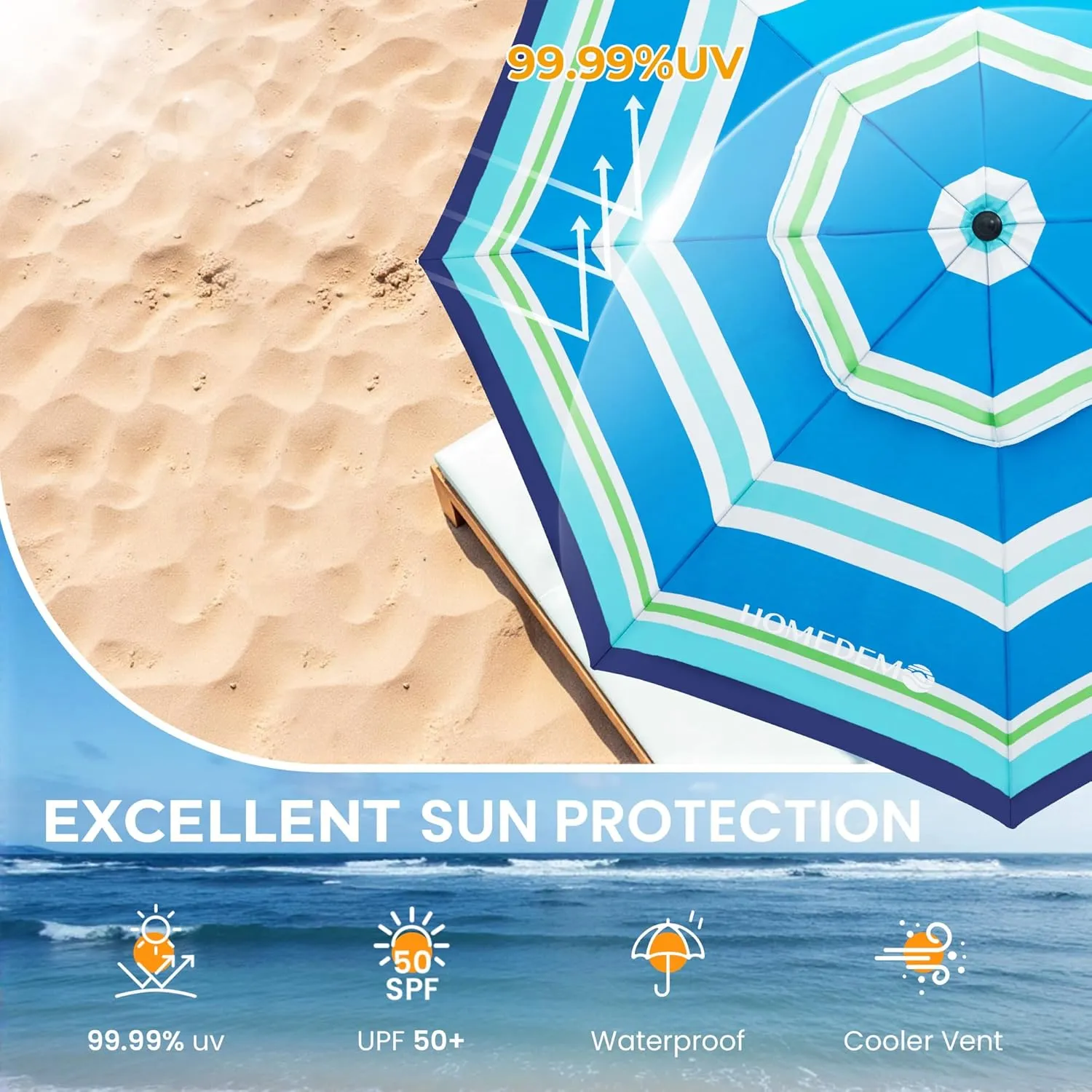 HOMEDEMO Heavy Duty High Wind Beach Umbrella with Sand Anchor,Built-in Table Tray & Tilt Pole&Hook& Curtain, UPF 50  Windproof Portable Beach Umbrella for Patio Garden Pool Backyard