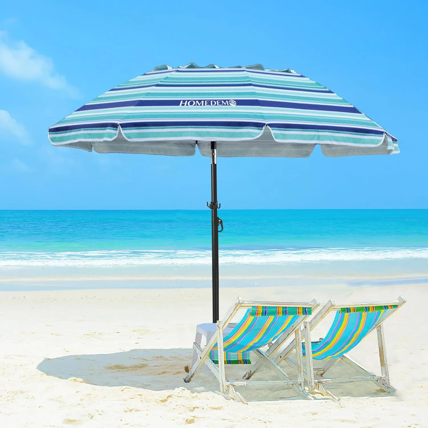 HOMEDEMO Heavy Duty High Wind Beach Umbrella with Sand Anchor,Built-in Table Tray & Tilt Pole&Hook& Curtain, UPF 50  Windproof Portable Beach Umbrella for Patio Garden Pool Backyard