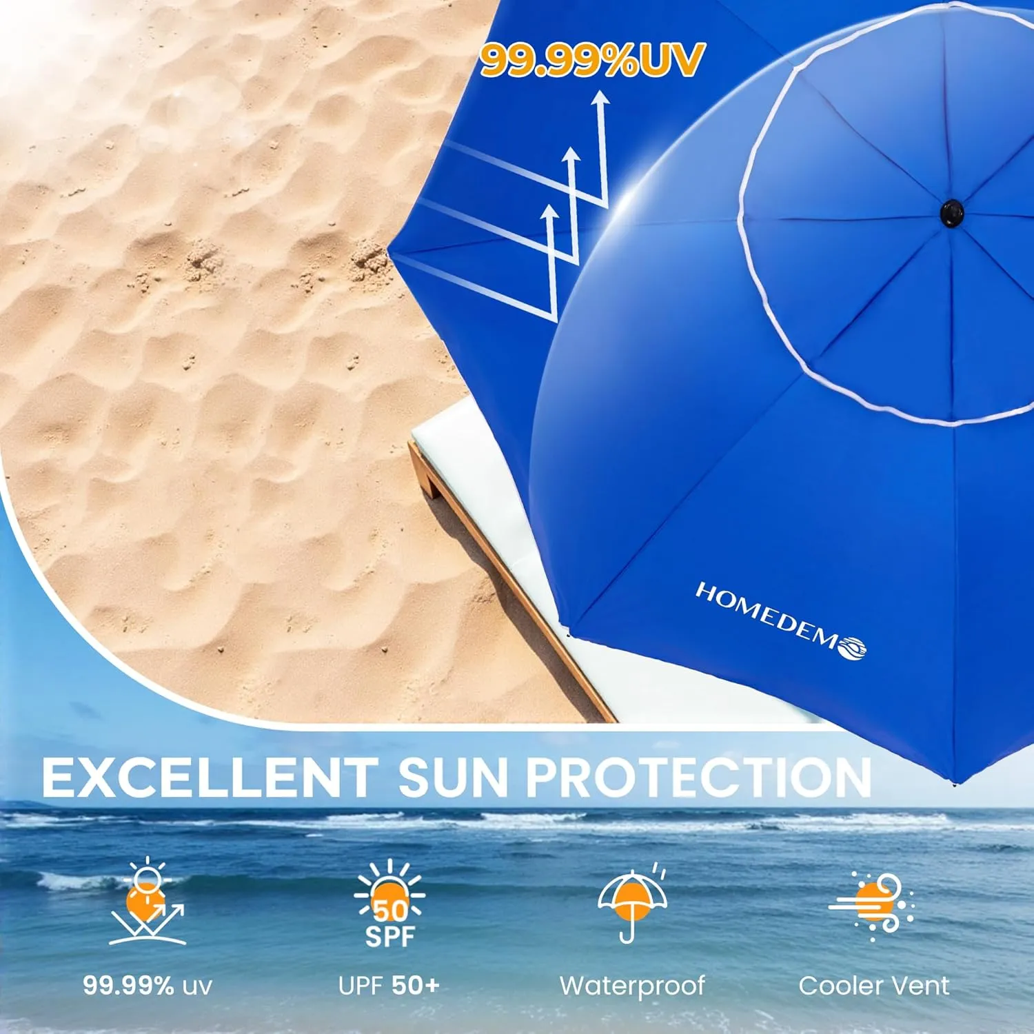 HOMEDEMO Heavy Duty High Wind Beach Umbrella with Sand Anchor,Built-in Table Tray & Tilt Pole&Hook& Curtain, UPF 50  Windproof Portable Beach Umbrella for Patio Garden Pool Backyard