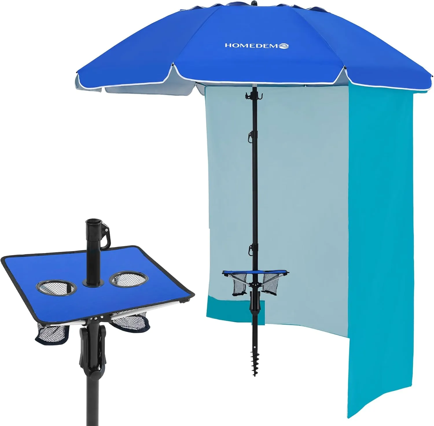 HOMEDEMO Heavy Duty High Wind Beach Umbrella with Sand Anchor,Built-in Table Tray & Tilt Pole&Hook& Curtain, UPF 50  Windproof Portable Beach Umbrella for Patio Garden Pool Backyard