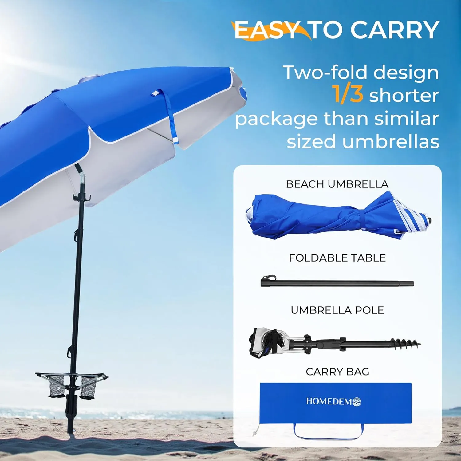 HOMEDEMO Heavy Duty High Wind Beach Umbrella with Sand Anchor,Built-in Table Tray & Tilt Pole&Hook& Curtain, UPF 50  Windproof Portable Beach Umbrella for Patio Garden Pool Backyard