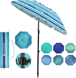 HOMEDEMO Heavy Duty High Wind Beach Umbrella with Sand Anchor,Built-in Table Tray & Tilt Pole&Hook& Curtain, UPF 50  Windproof Portable Beach Umbrella for Patio Garden Pool Backyard
