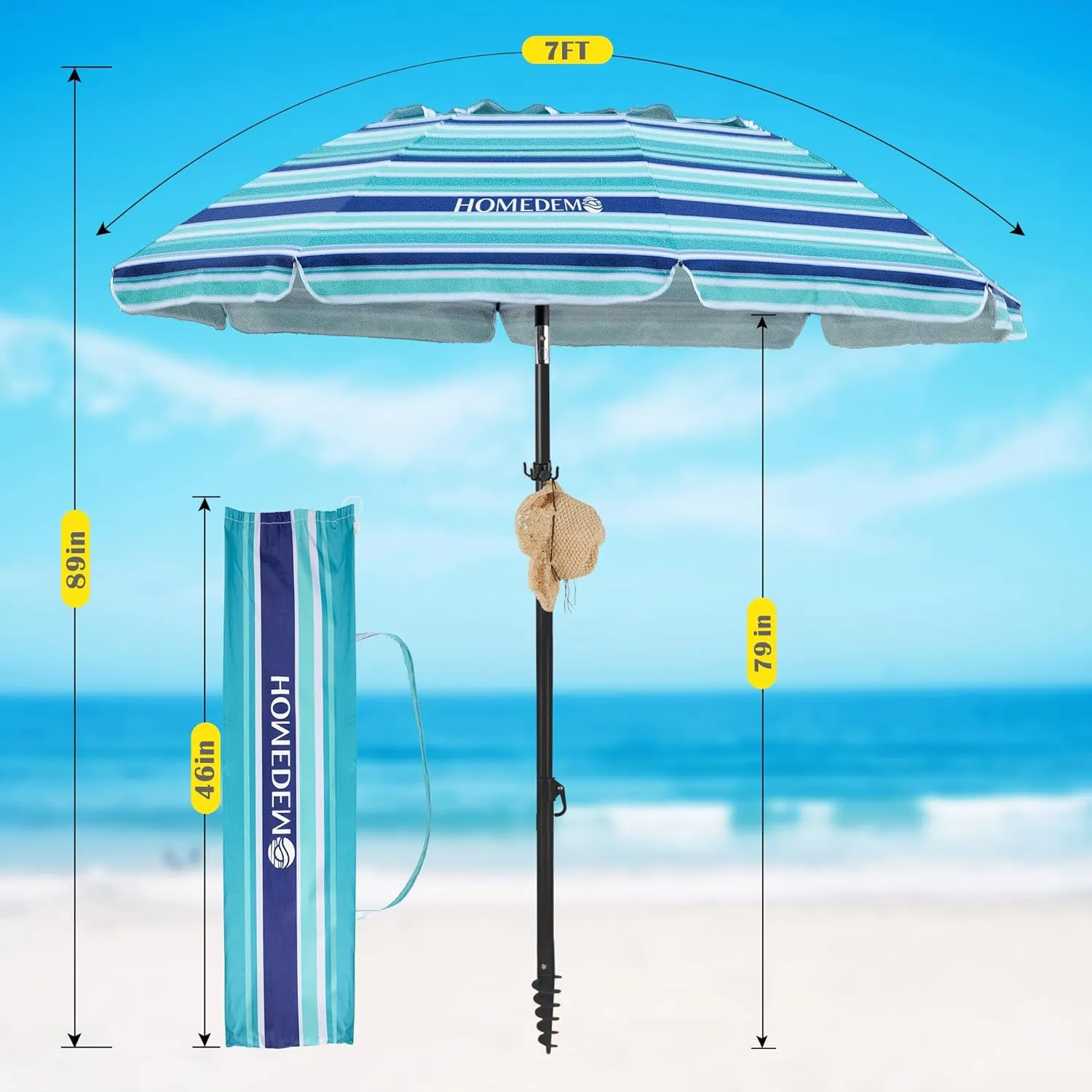 HOMEDEMO Heavy Duty High Wind Beach Umbrella with Sand Anchor,Built-in Table Tray & Tilt Pole&Hook& Curtain, UPF 50  Windproof Portable Beach Umbrella for Patio Garden Pool Backyard