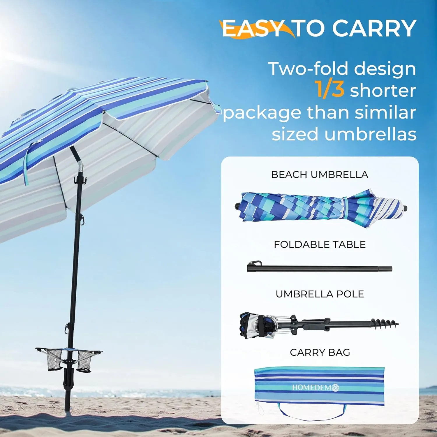 HOMEDEMO Heavy Duty High Wind Beach Umbrella with Sand Anchor,Built-in Table Tray & Tilt Pole&Hook& Curtain, UPF 50  Windproof Portable Beach Umbrella for Patio Garden Pool Backyard