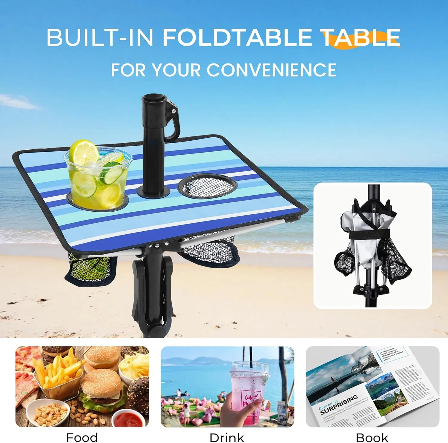 HOMEDEMO Heavy Duty High Wind Beach Umbrella with Sand Anchor,Built-in Table Tray & Tilt Pole&Hook& Curtain, UPF 50  Windproof Portable Beach Umbrella for Patio Garden Pool Backyard