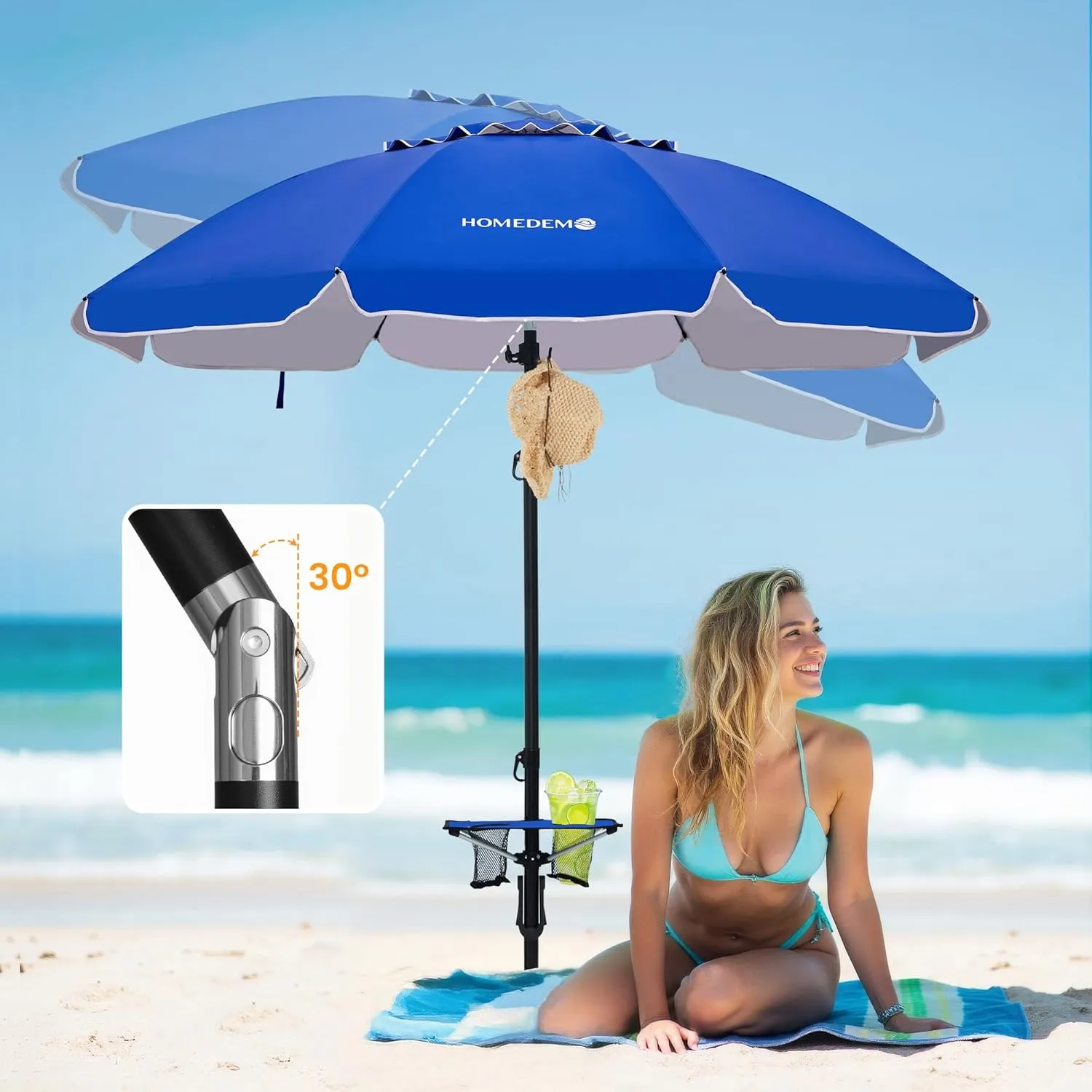 HOMEDEMO Heavy Duty High Wind Beach Umbrella with Sand Anchor,Built-in Table Tray & Tilt Pole&Hook& Curtain, UPF 50  Windproof Portable Beach Umbrella for Patio Garden Pool Backyard