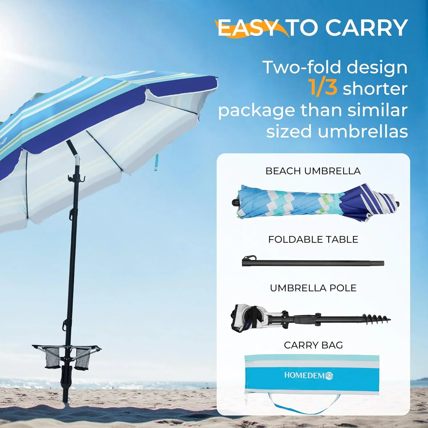 HOMEDEMO Heavy Duty High Wind Beach Umbrella with Sand Anchor,Built-in Table Tray & Tilt Pole&Hook& Curtain, UPF 50  Windproof Portable Beach Umbrella for Patio Garden Pool Backyard