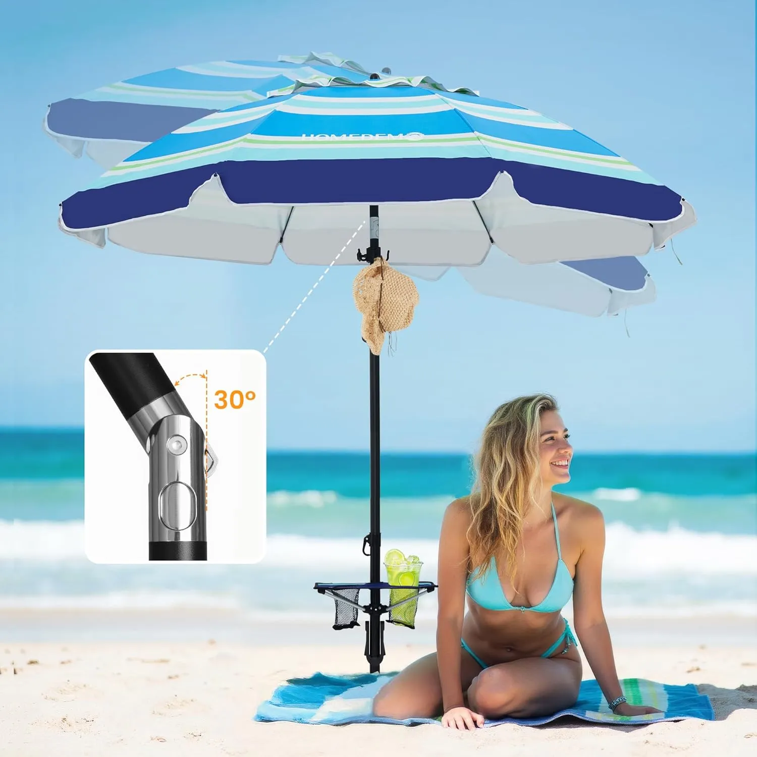 HOMEDEMO Heavy Duty High Wind Beach Umbrella with Sand Anchor,Built-in Table Tray & Tilt Pole&Hook& Curtain, UPF 50  Windproof Portable Beach Umbrella for Patio Garden Pool Backyard