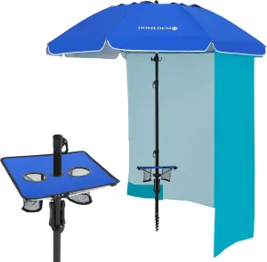 HOMEDEMO Heavy Duty High Wind Beach Umbrella with Sand Anchor,Built-in Table Tray & Tilt Pole&Hook& Curtain, UPF 50  Windproof Portable Beach Umbrella for Patio Garden Pool Backyard