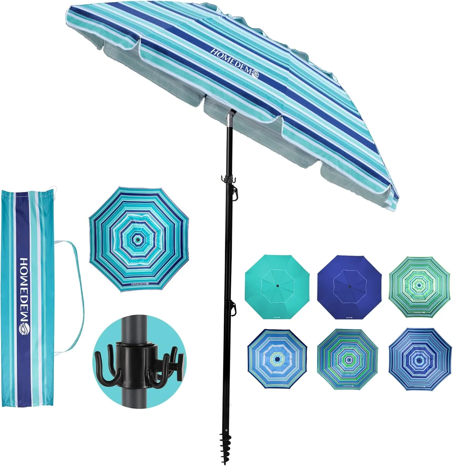 HOMEDEMO Heavy Duty High Wind Beach Umbrella with Sand Anchor,Built-in Table Tray & Tilt Pole&Hook& Curtain, UPF 50  Windproof Portable Beach Umbrella for Patio Garden Pool Backyard