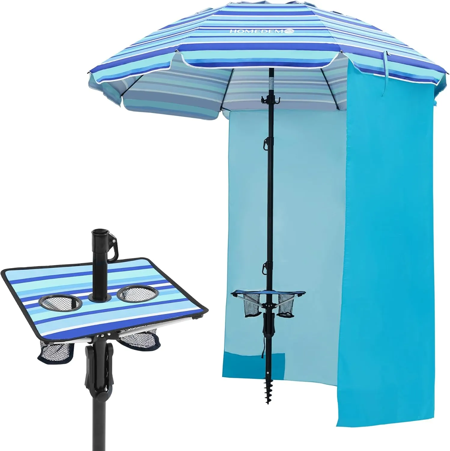 HOMEDEMO Heavy Duty High Wind Beach Umbrella with Sand Anchor,Built-in Table Tray & Tilt Pole&Hook& Curtain, UPF 50  Windproof Portable Beach Umbrella for Patio Garden Pool Backyard