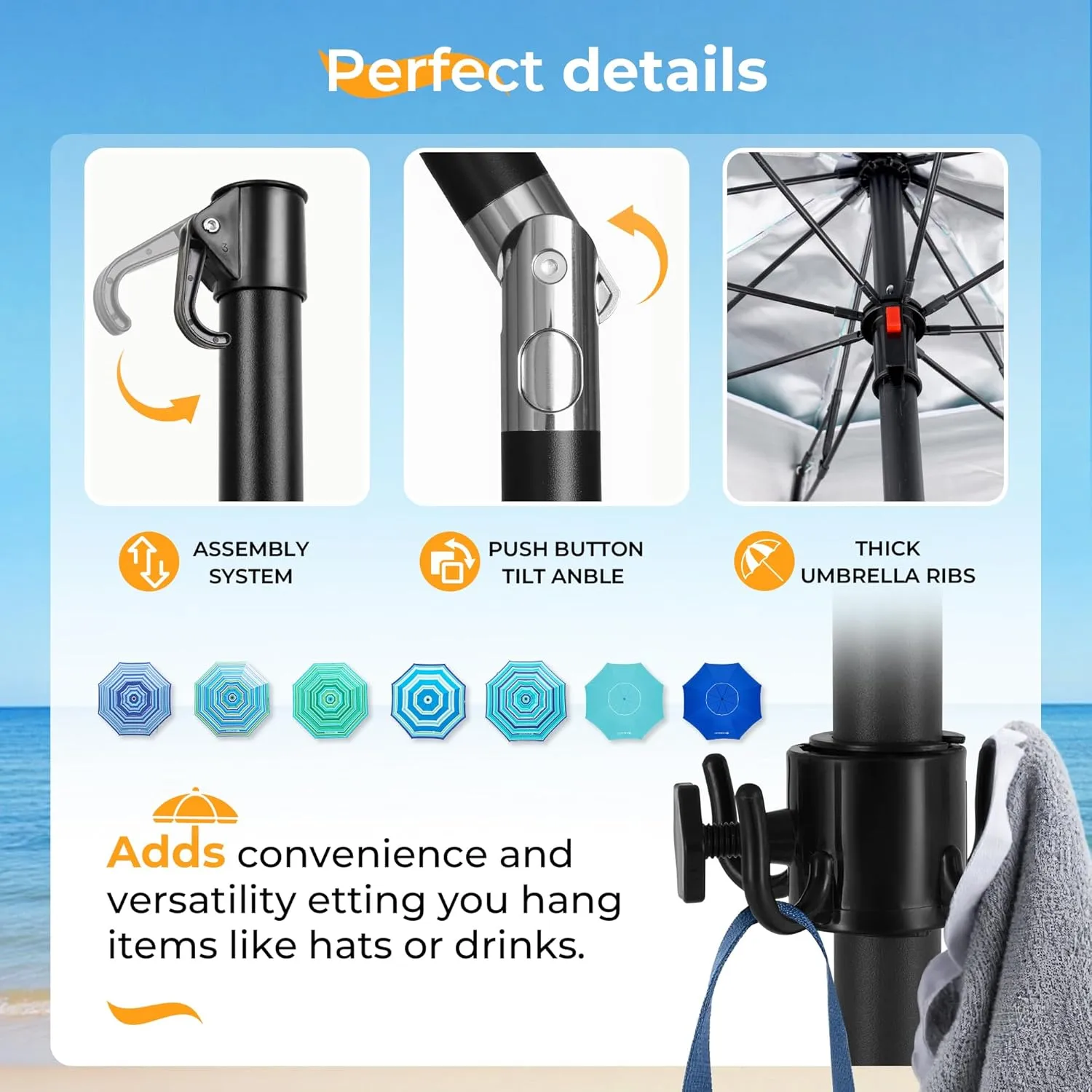 HOMEDEMO Heavy Duty High Wind Beach Umbrella with Sand Anchor,Built-in Table Tray & Tilt Pole&Hook& Curtain, UPF 50  Windproof Portable Beach Umbrella for Patio Garden Pool Backyard