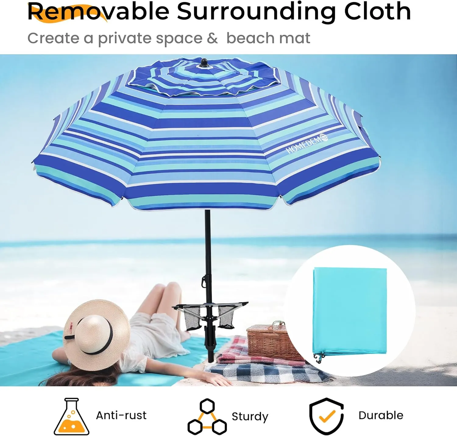 HOMEDEMO Heavy Duty High Wind Beach Umbrella with Sand Anchor,Built-in Table Tray & Tilt Pole&Hook& Curtain, UPF 50  Windproof Portable Beach Umbrella for Patio Garden Pool Backyard