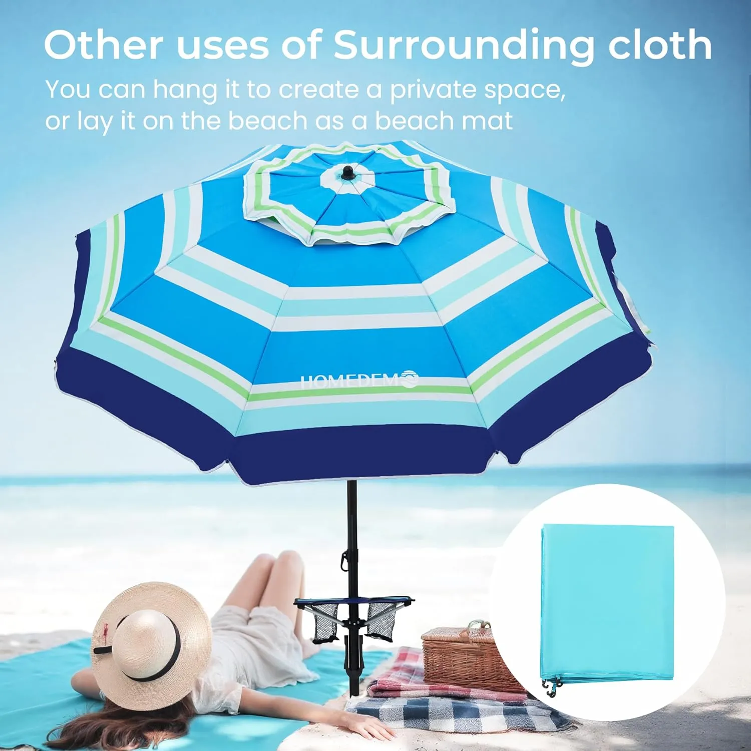 HOMEDEMO Heavy Duty High Wind Beach Umbrella with Sand Anchor,Built-in Table Tray & Tilt Pole&Hook& Curtain, UPF 50  Windproof Portable Beach Umbrella for Patio Garden Pool Backyard